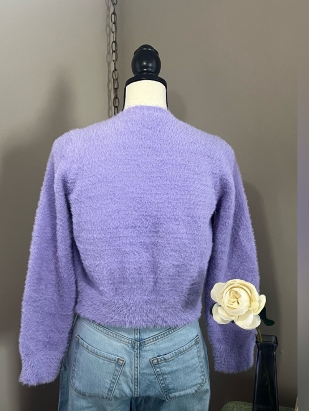 Cropped Lavender Fuzzy Button-Front Cardigan - Picture 2 of 5